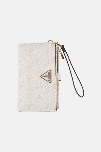 Portefeuille beige de Guess avec motif monogrammé all-over, fermeture éclair dorée et dragonne noire.