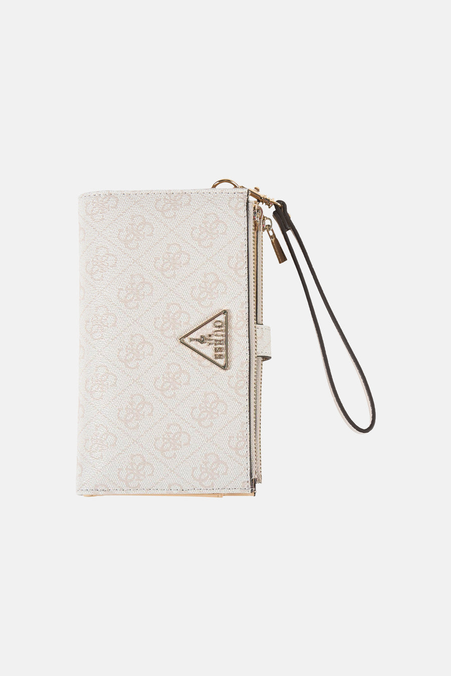Beige Guess portemonnee, versierd met een herhaald logo-patroon en een polsbandje.