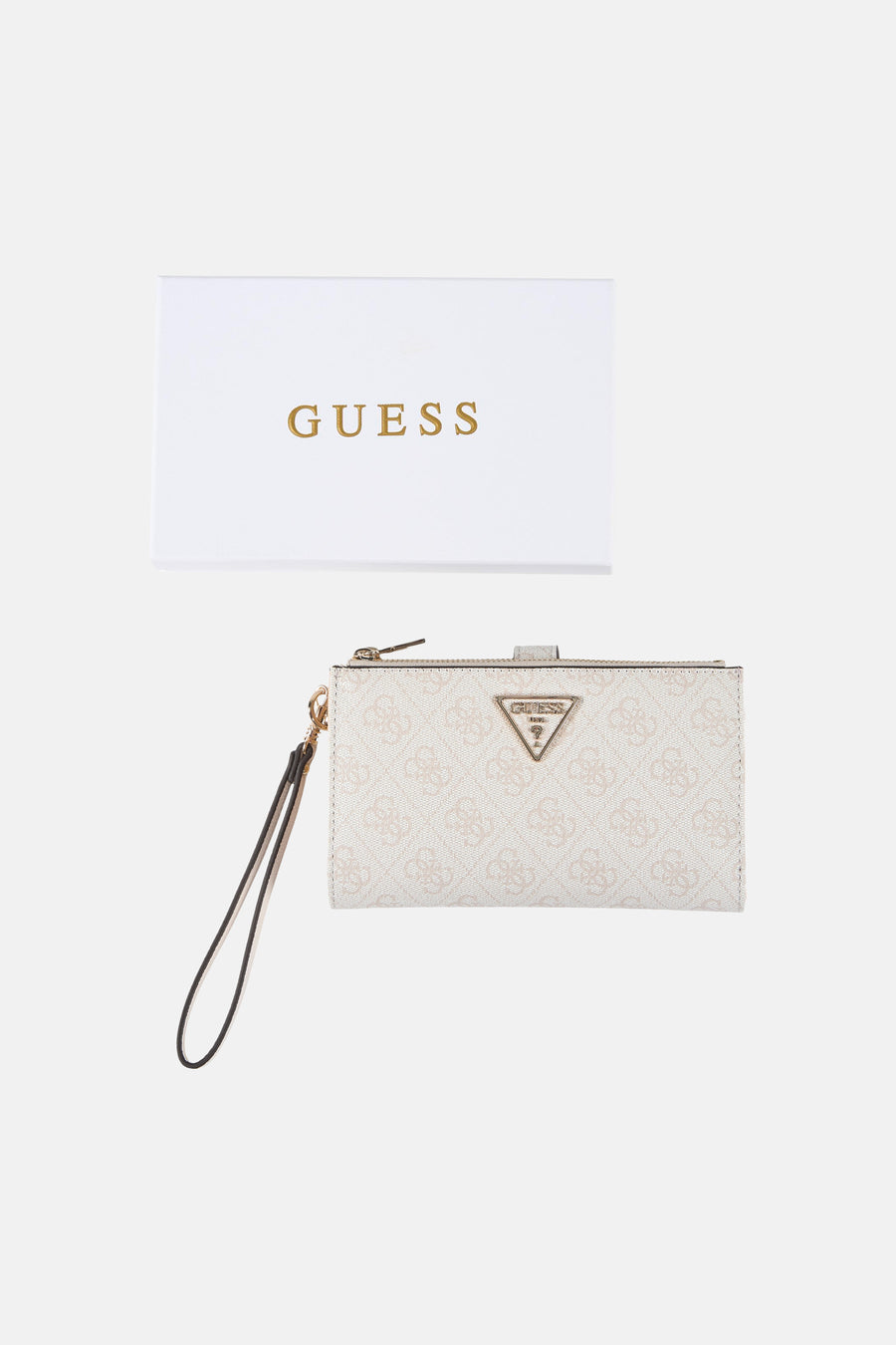 Beige Guess portemonnee met logoprint en polsbandje.