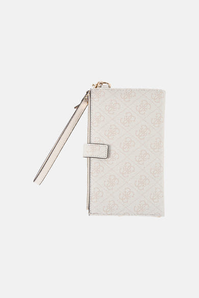 Portefeuille beige de Guess, orné d'un motif à logo répété et d'une dragonne.