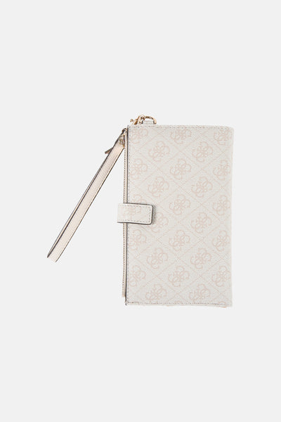 Portefeuille beige de Guess, orné d'un motif à logo répété et d'une dragonne.