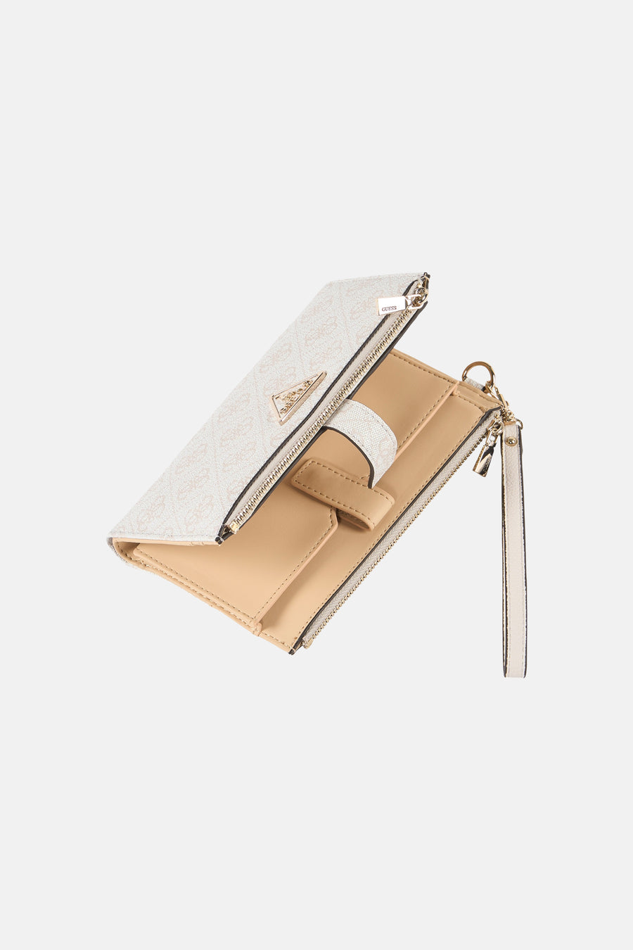 Beige Guess portemonnee, met een subtiel monogrampatroon en een bijpassende polsband.