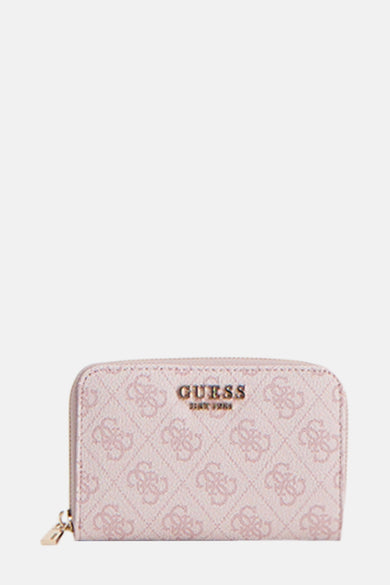 Roze Guess-portefeuille met herhaald logo-patroon en gouden ritssluiting.