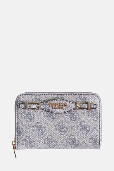 Portefeuille bleu de Guess avec motif monogrammé et ornement de ceinture décorative dorée.

