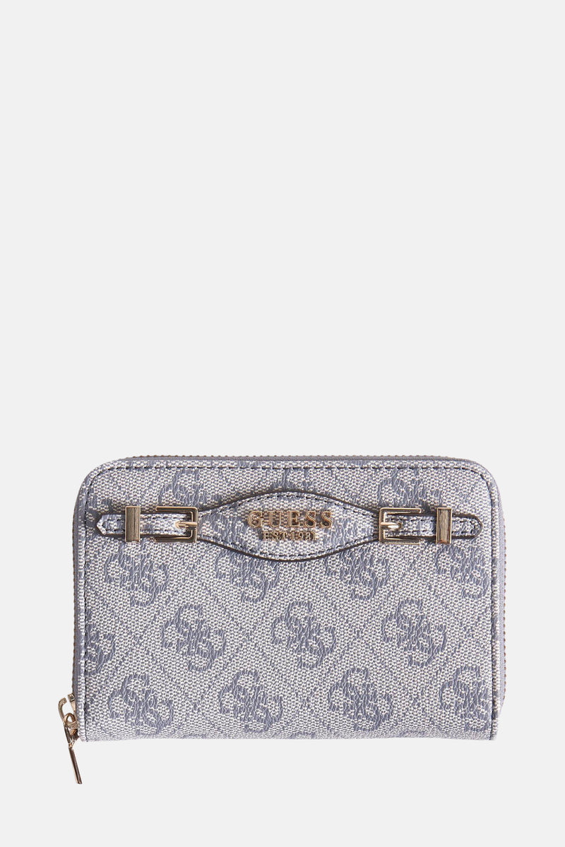 Portefeuille bleu de Guess avec motif monogrammé et ornement de ceinture décorative dorée.
