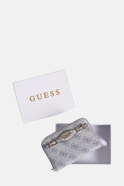 Portefeuille bleu de Guess avec un motif logo imprimé et des détails de boucle dorés.