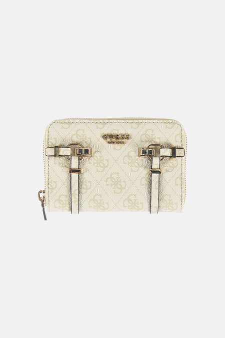 Portefeuille vert de Guess, orné d'un motif monogramme répété et de détails de boucles décoratives.