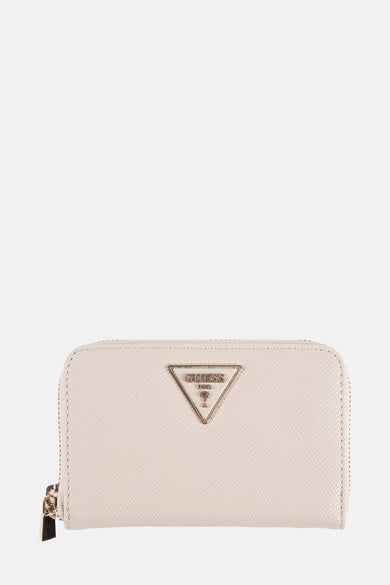 Ecru Guess portemonnee met gouden rits en driehoekig logo.