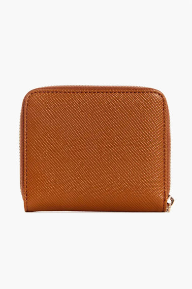 Cognac leather wallet with diagonal textured pattern and zipper closure, front view