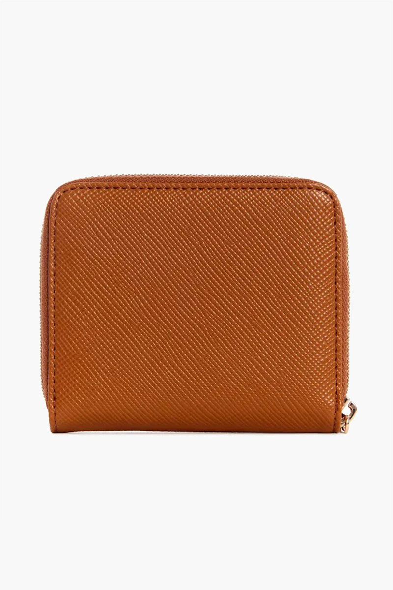 Cognac leather wallet with diagonal textured pattern and zipper closure, front view