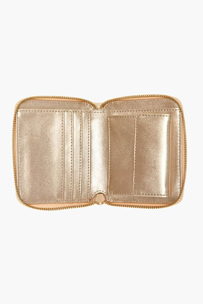 Cognac leather wallet open view with gold-tone zipper and card slots, smooth texture, front-facing layout
