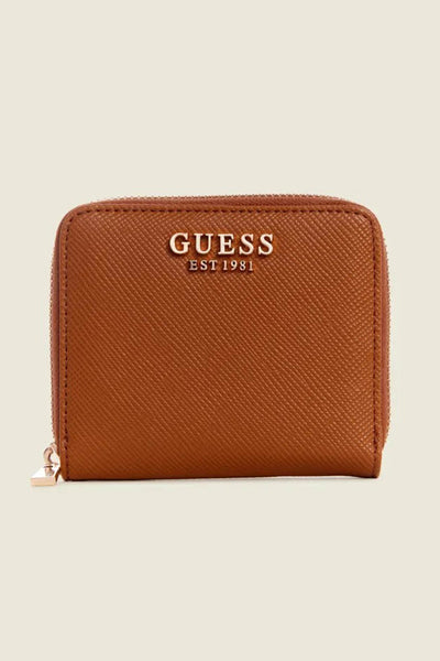 Cognac textured leather wallet by Guess with embossed logo and rose gold zipper, front view