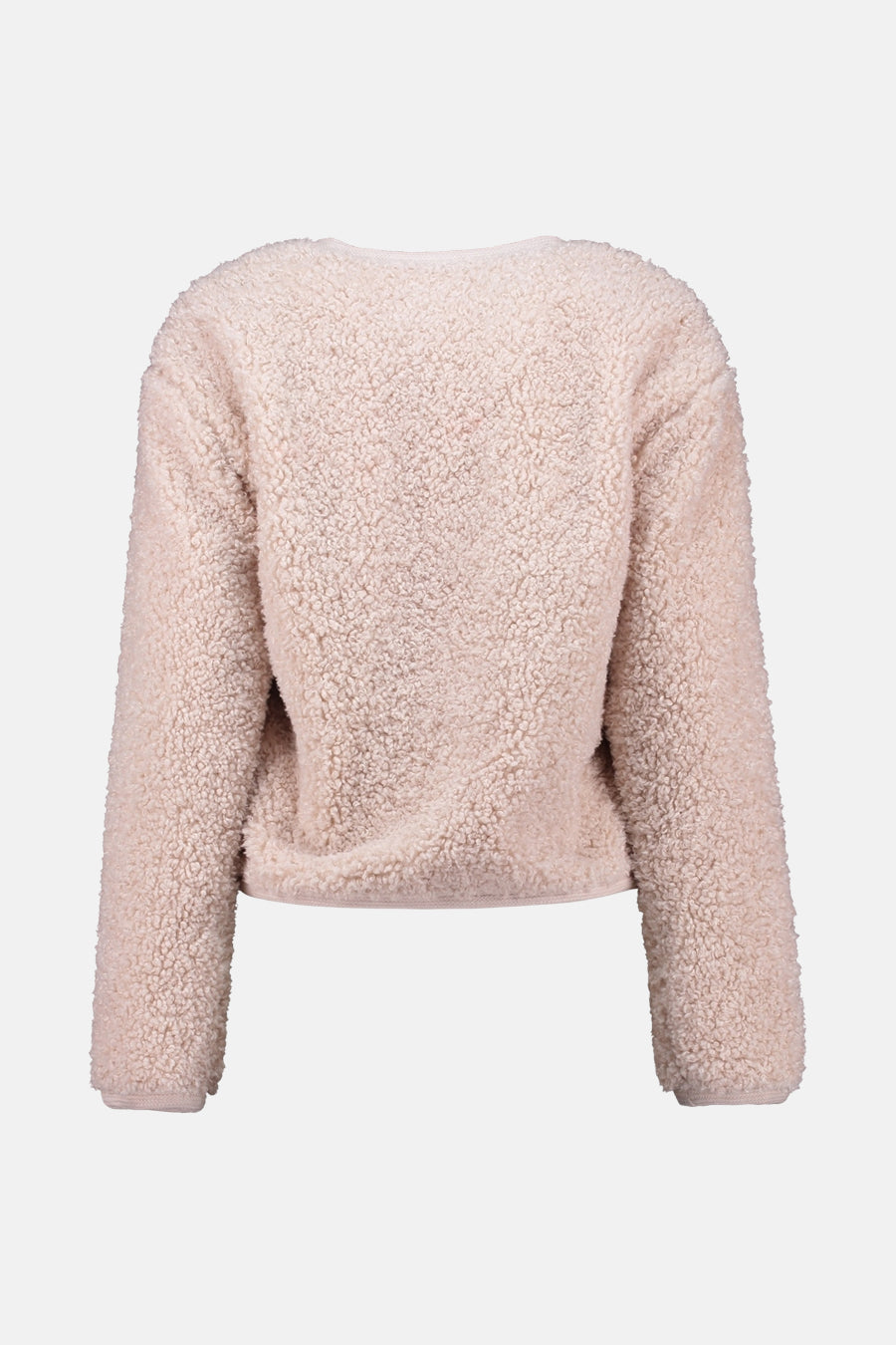Veste courte écru de ZABAIONE, en texture pelucheuse sur fond neutre.