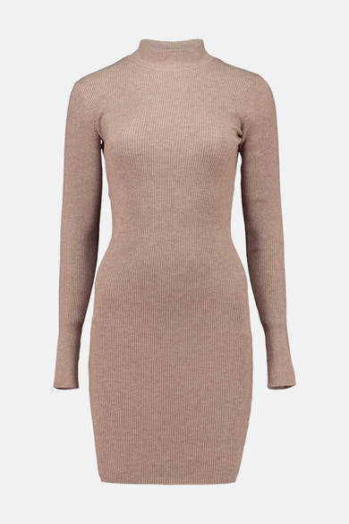 Robe moulante à manches longues beige de ZABAIONE, en tricot côtelé avec un col montant.