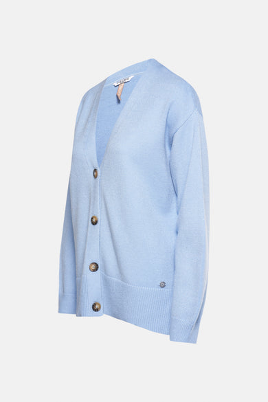 Blauw cardigan van ZABAIONE, met een knoopsgordel en plooipockets.