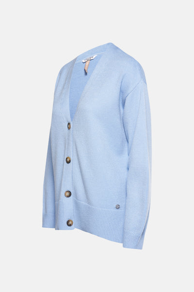 Blauw cardigan van ZABAIONE, met een knoopsgordel en plooipockets.