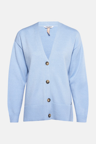 Blauwe cardigan van Zabaionew, met met een kn kn kn voor op..