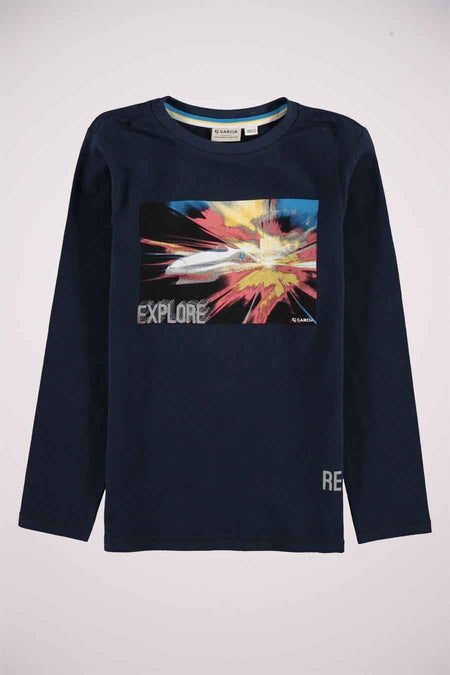 Navy long-sleeve T-shirt by Garcia with colorful rocket graphic and "EXPLORE" text, front view