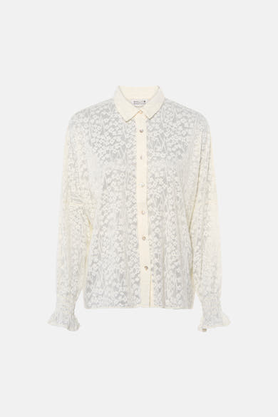 Chemise blanche à manches longues en dentelle fine par Molly Bracken, col classique, boutons discrets, poignets volantés, vue de face