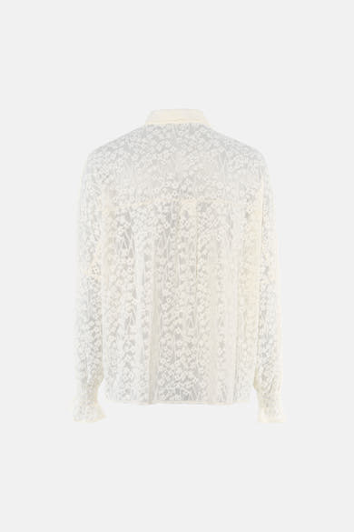 Chemise blanche à manches longues en dentelle florale, vue dos, par Molly Bracken, avec col classique et poignets froncés