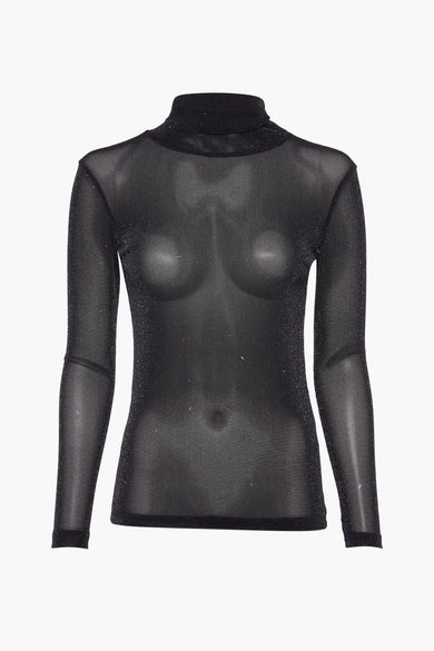 Pull à col roulé noir by Molly Bracken en maille transparente brillante et manches longues.