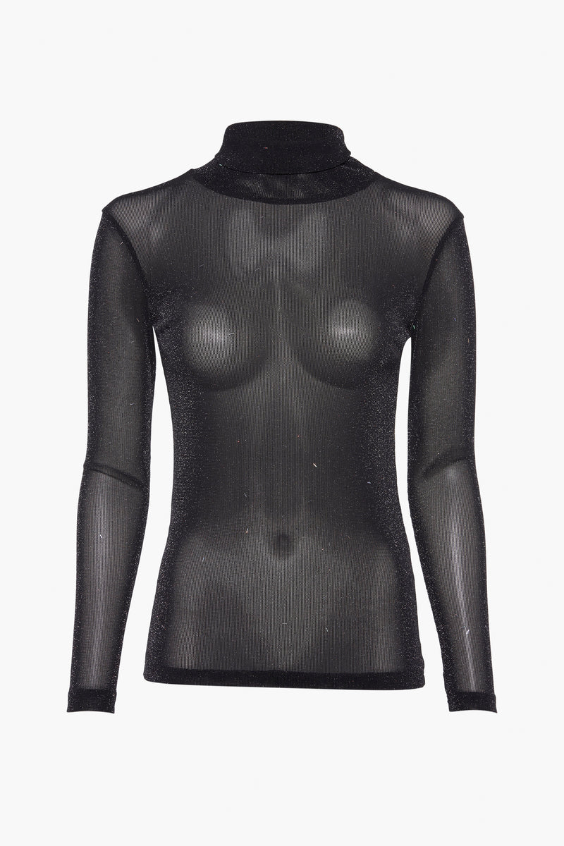 Pull à col roulé noir by Molly Bracken en maille transparente brillante et manches longues.