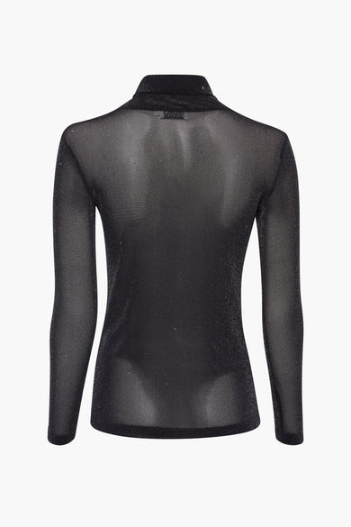 Pull à col roulé noir de Molly Bracken, en maille transparente à fines rayures scintillantes, vue de dos.
