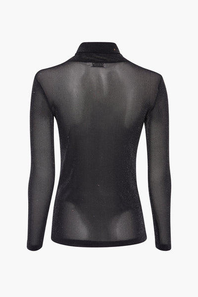 Pull à col roulé noir de Molly Bracken, en maille transparente à fines rayures scintillantes, vue de dos.
