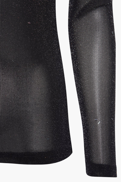 Pull à col roulé noir de Molly Bracken, en maille transparente scintillante.