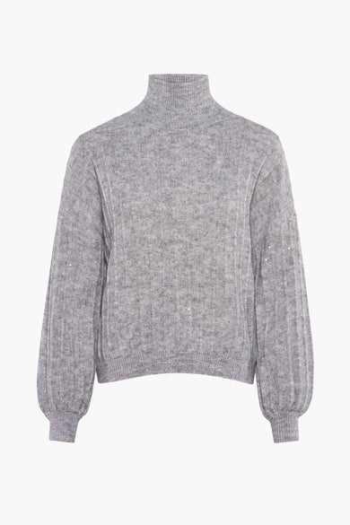 Pull à col roulé argenté de Molly Bracken avec texture côtelée et détails pailletés.