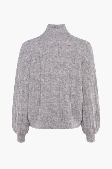 Pull argenté à col roulé de Molly Bracken, avec texture côtelée et détails brillants éparpillés.