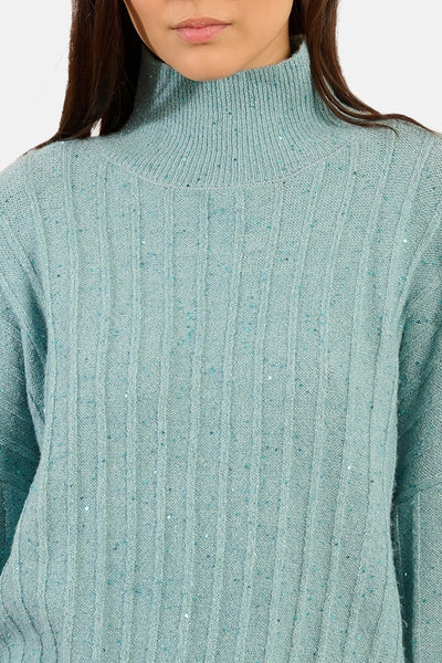 Blauwe coltrui van Molly Bracken met glitterdetails en geribbelde textuur.