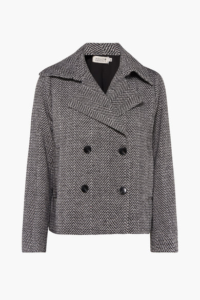 Veste courte noire par Molly Bracken, à motif chevrons, coupe croisée et boutonnée.