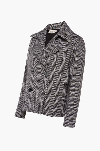 Veste courte noire à chevrons de Molly Bracken, avec double boutonnage et col tailleur.