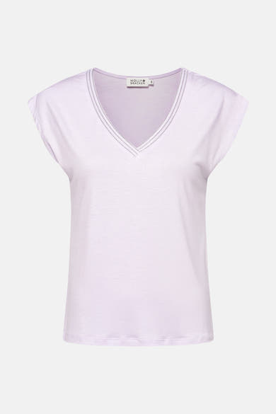 Paars T-shirt met korte mouwen van Molly Bracken met V-hals versierd met zilveren details.