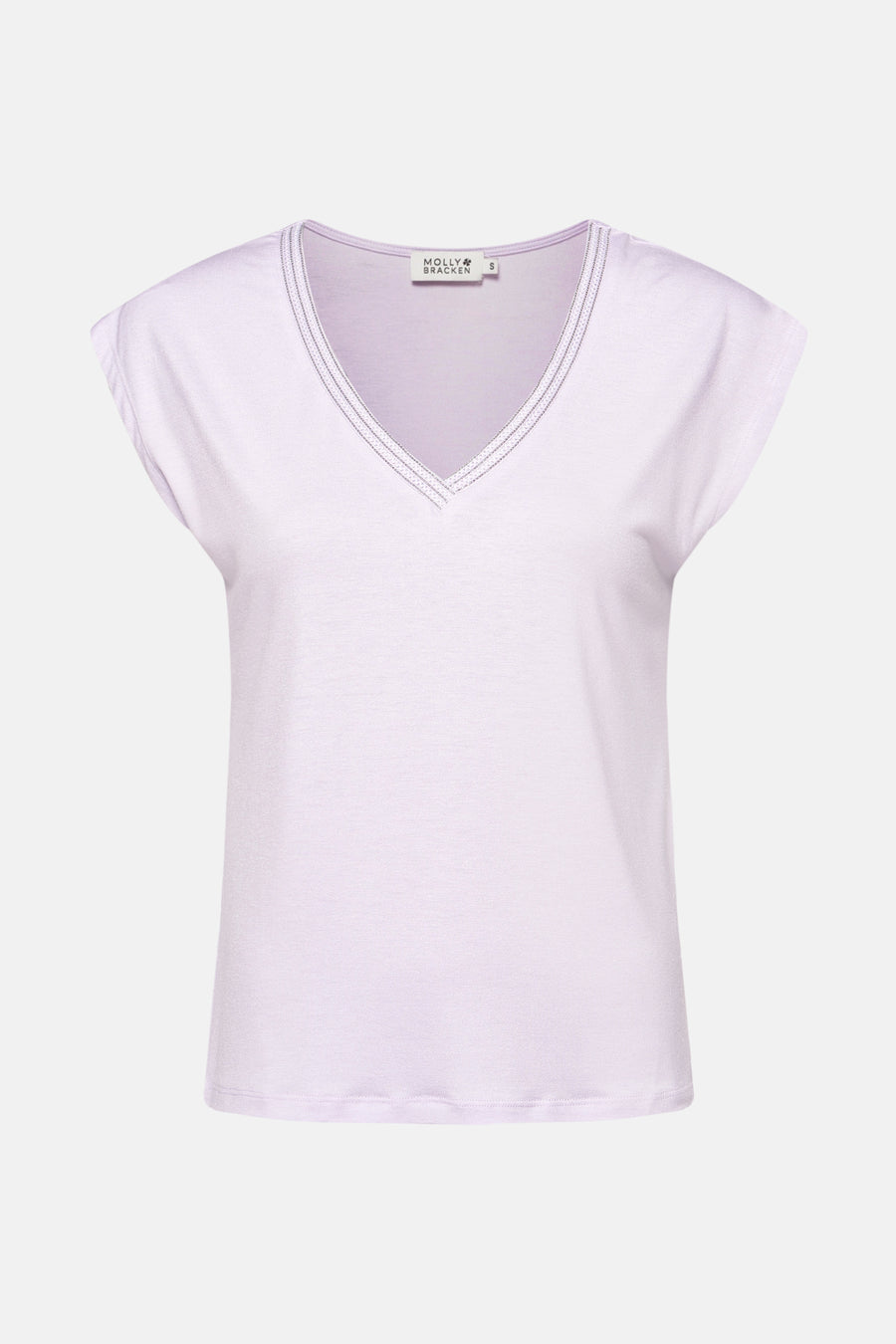 Paars T-shirt met korte mouwen van Molly Bracken met V-hals versierd met zilveren details.