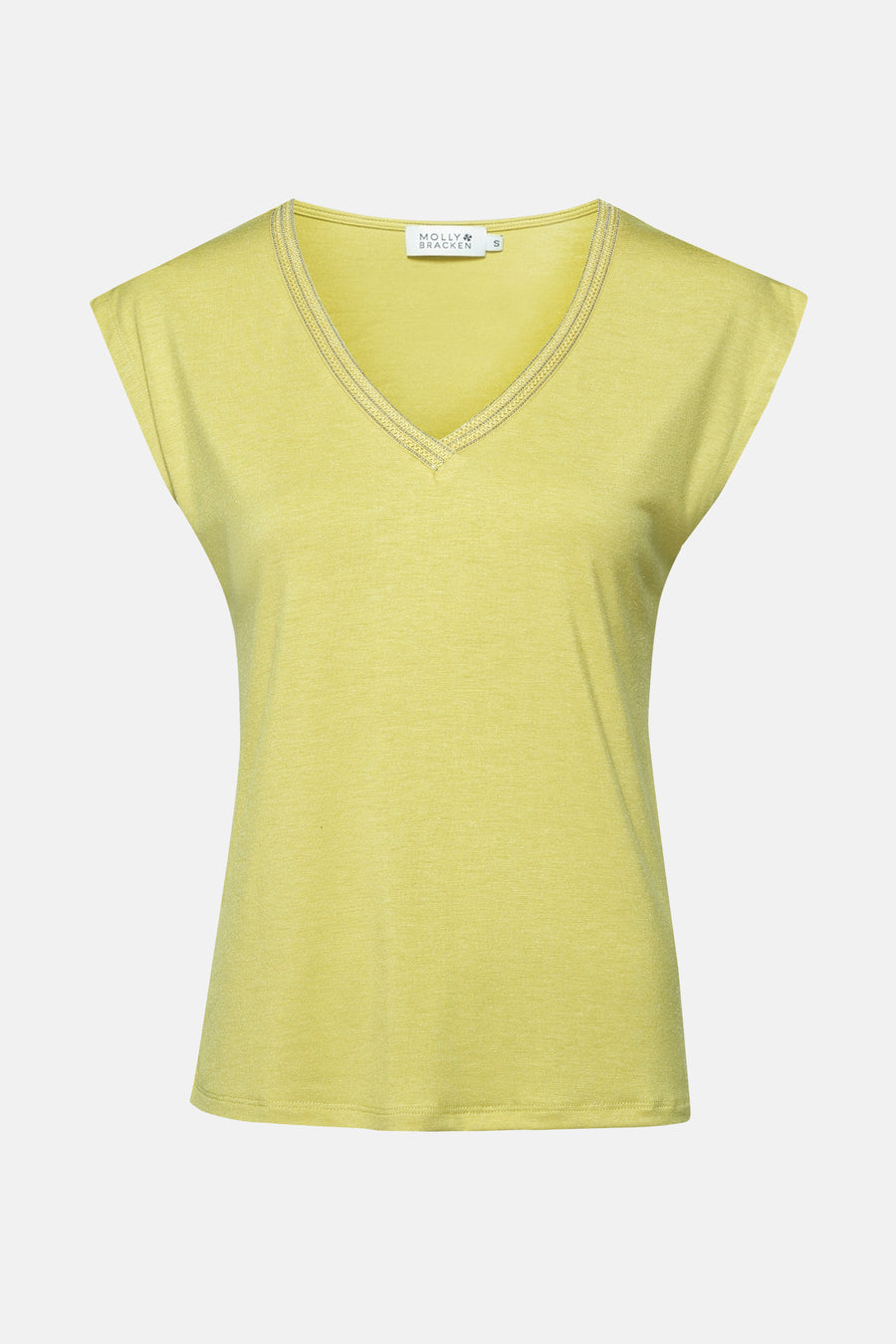 Groen T-shirt met korte mouwen van Molly Bracken, versierd met een zilveren decoratieve bies bij de halslijn.
