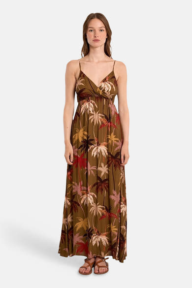 Multikleurenjurk van Molly Bracken, tropische print met dunne bandjes en wikkelhalslijn.