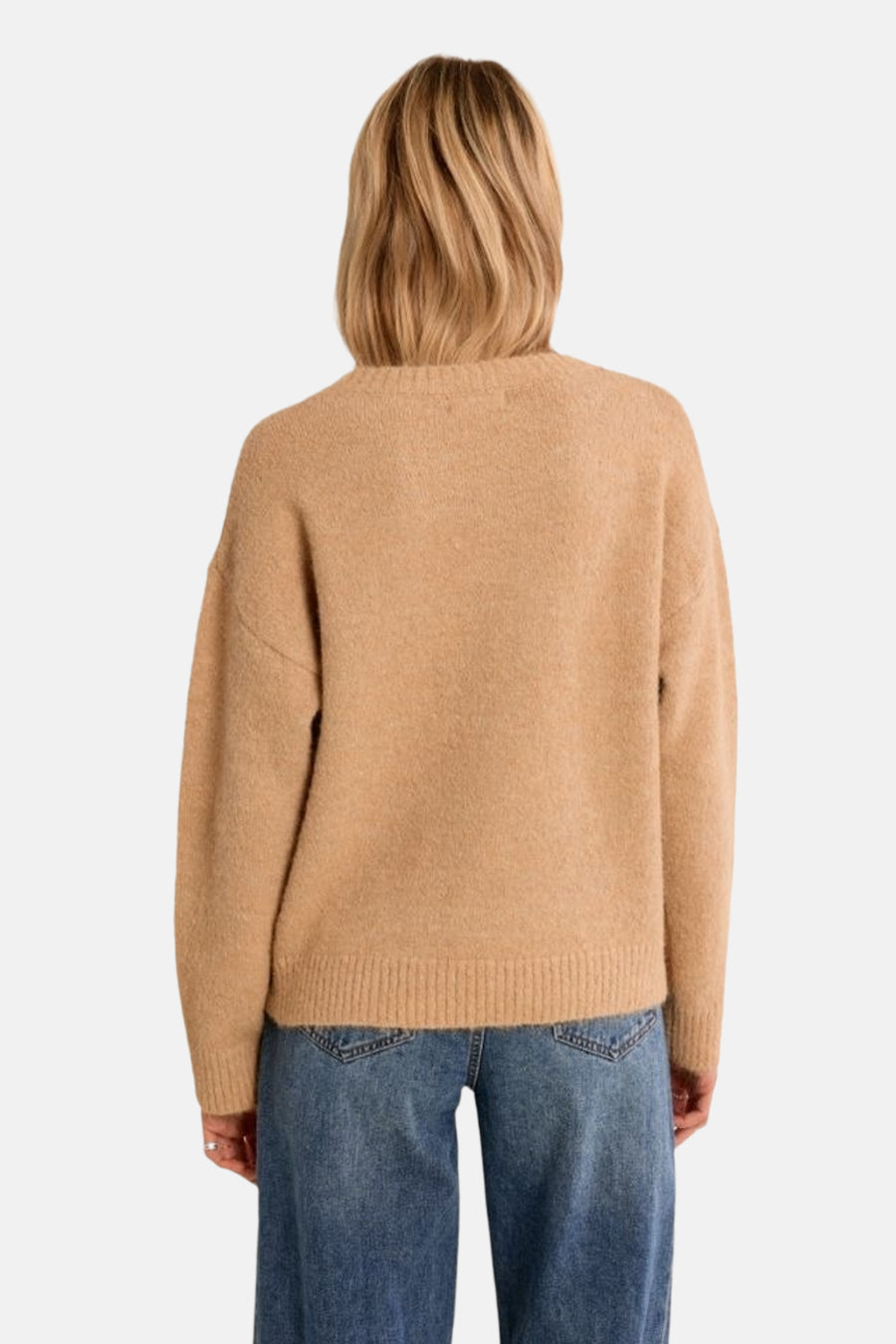 Cognac crewneck sweater with ribbed hem and cuffs, back view, worn with blue jeans