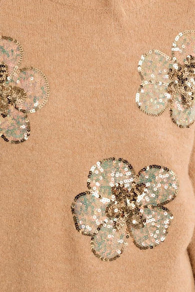 Cognac O-neck sweater with sequined floral appliqués, close-up front view