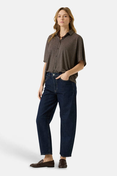 Brown 3/4 sleeve blouse with button front and relaxed fit, worn with dark blue jeans and brown loafers, full-length lifestyle view