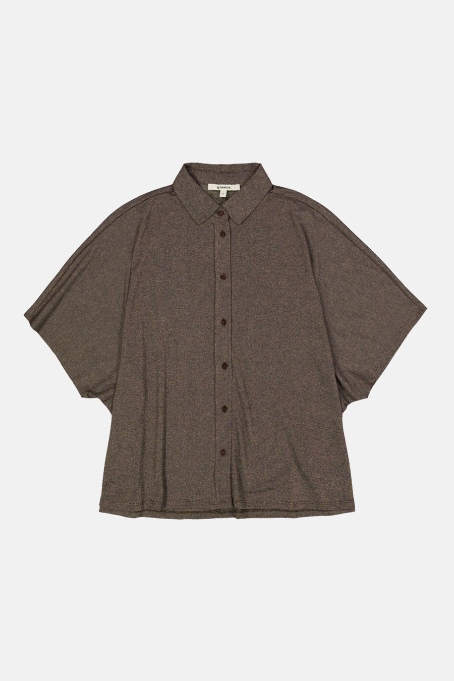 Brown textured blouse with 3/4 sleeves by Garcia, featuring a classic collar and front button closure, shown flat in front view.
