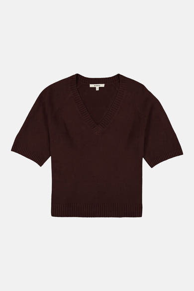 Brown V-neck short-sleeve knit sweater by E Garcia, featuring ribbed trim on neckline, cuffs, and hem, front view.