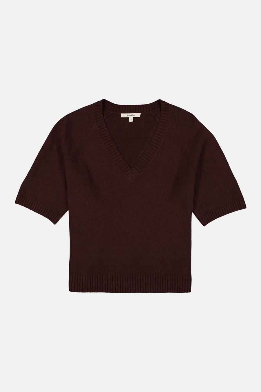 Brown V-neck short-sleeve knit sweater by E Garcia, featuring ribbed trim on neckline, cuffs, and hem, front view.