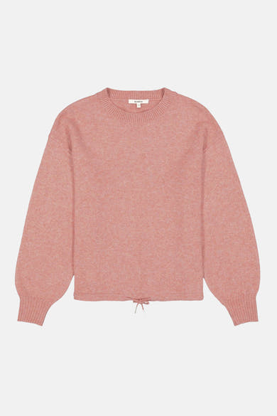 Coral marled crewneck sweater by Garcia with ribbed cuffs and hem, front view featuring small drawstring detail at waist.