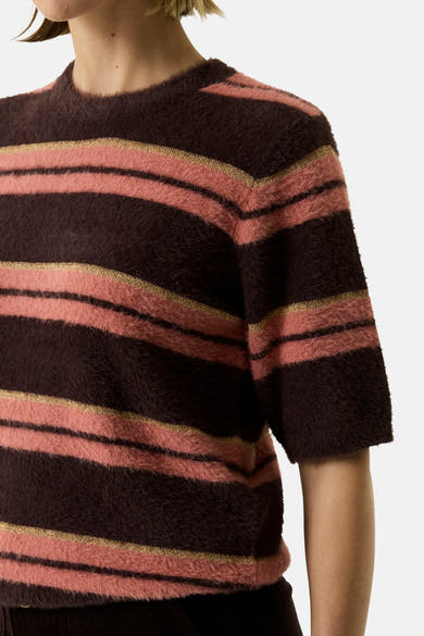 Multicolored striped fuzzy knit O-neck sweater with short sleeves, side view close-up