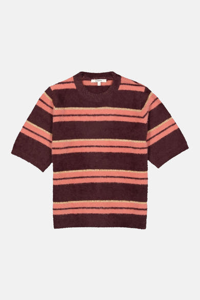 Multicolored striped short-sleeve O-neck sweater by Garcia, featuring burgundy, coral, and gold horizontal stripes with a soft textured knit, front view.