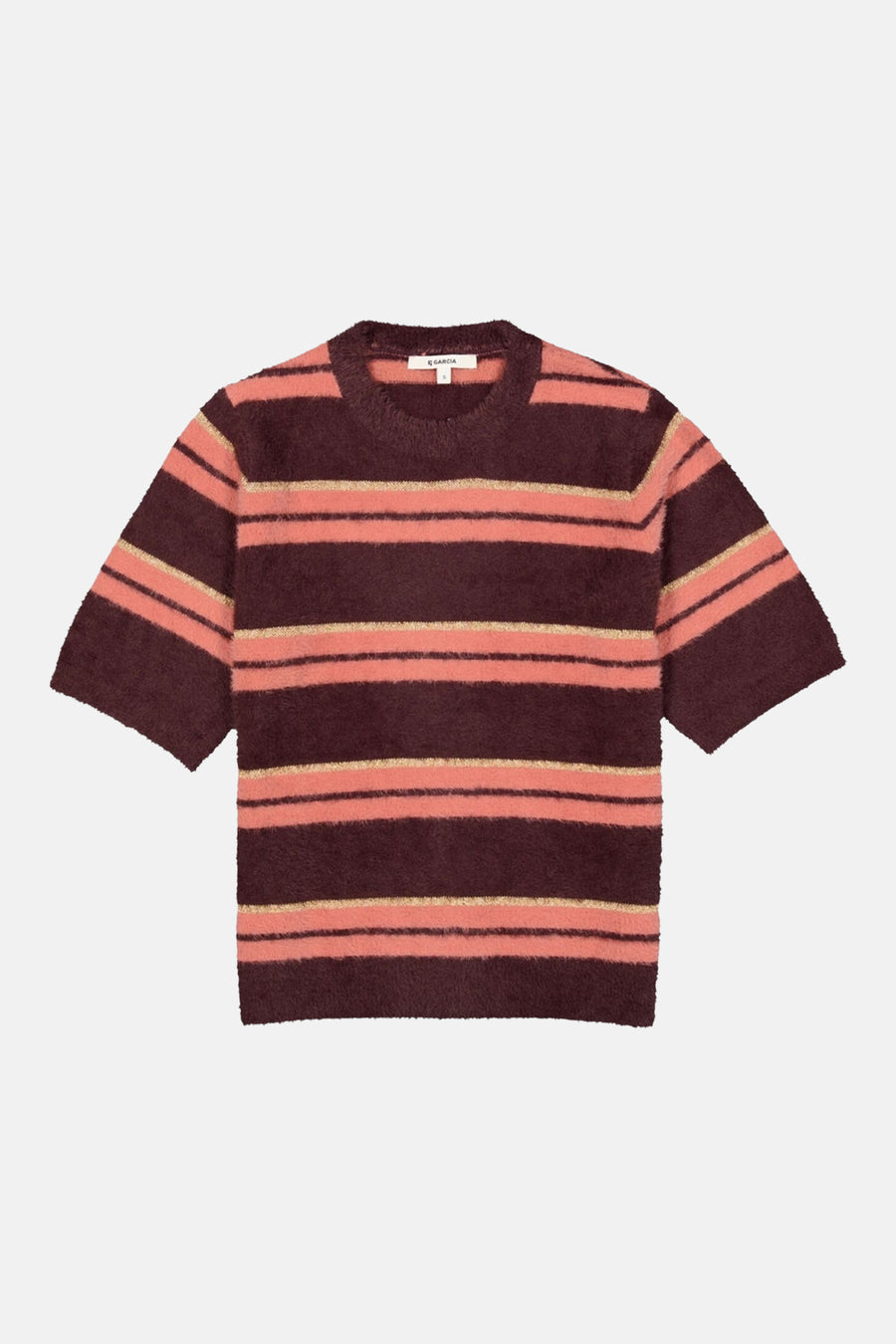 Multicolored striped short-sleeve O-neck sweater by Garcia, featuring burgundy, coral, and gold horizontal stripes with a soft textured knit, front view.