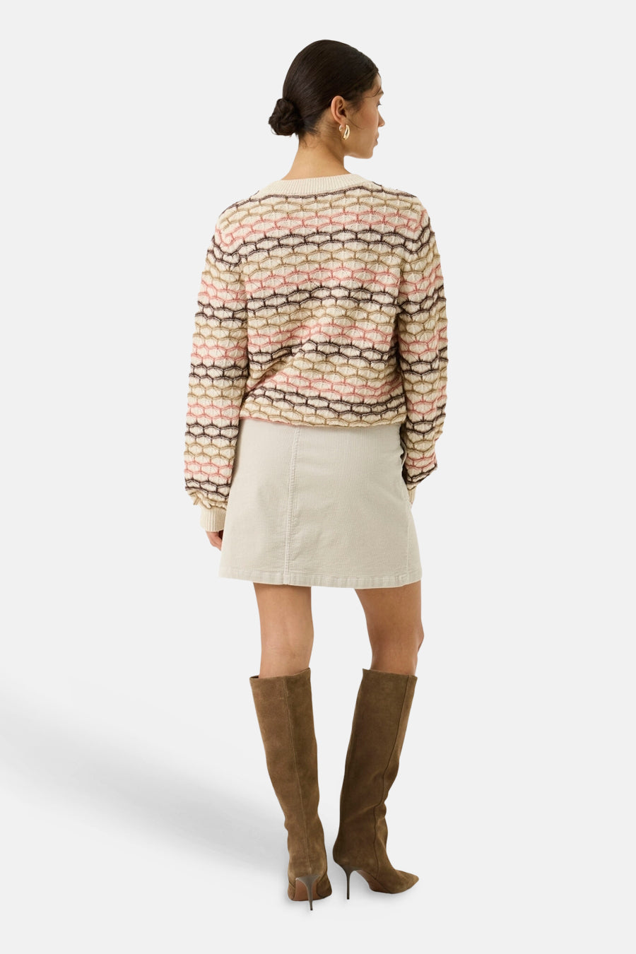 Ecru O-neck sweater with pink and brown geometric knit pattern, back view, worn with cream skirt and brown suede boots