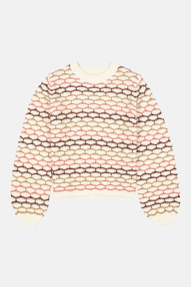 Ecru crewneck sweater with honeycomb knit pattern in cream, pink, and brown tones, front view